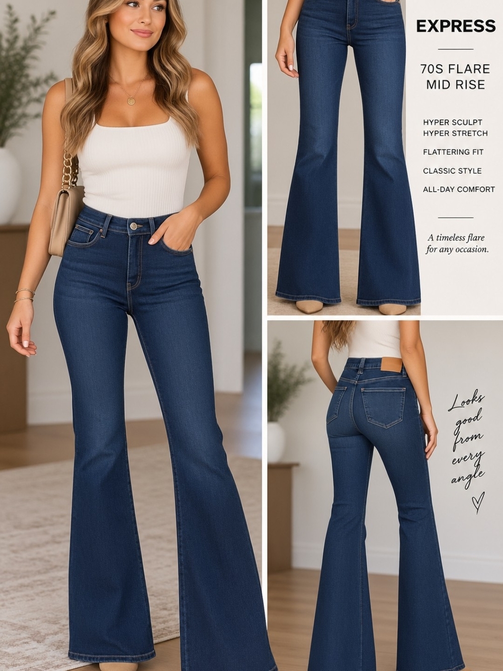 Express Dark Blue 70s Flare Mid Rise Jeans